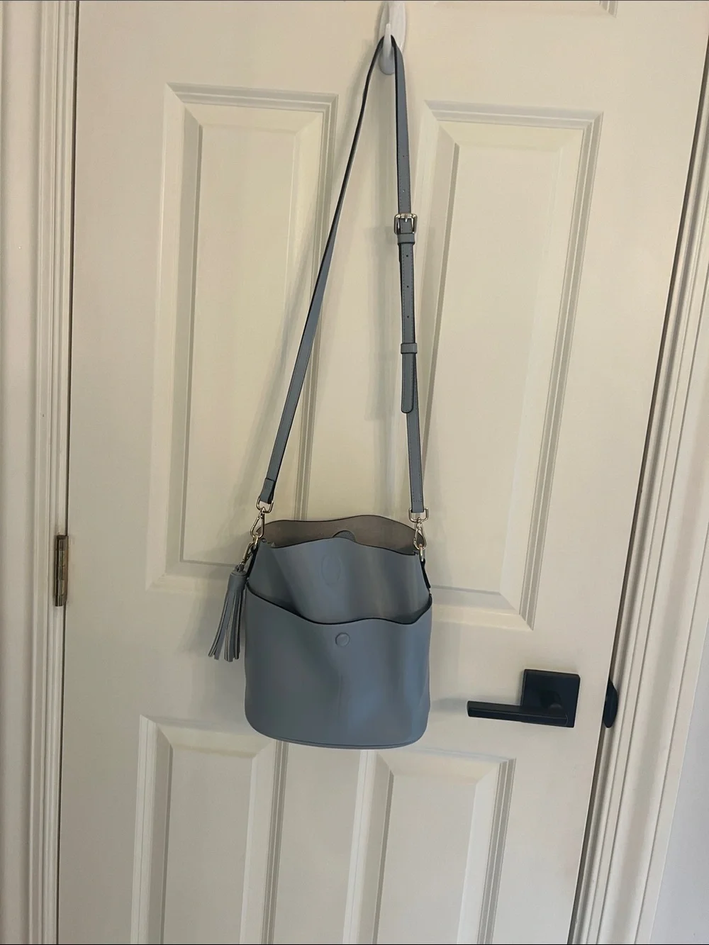 Soft Leather Blue Bucket Crossbody Bag with Tassel Accent